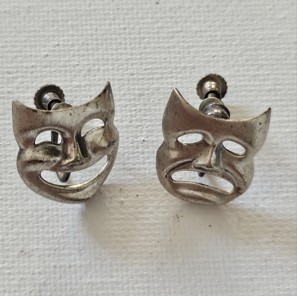 Vintage Beau Sterling Comedy Tragedy Mask Screw Back Earrings